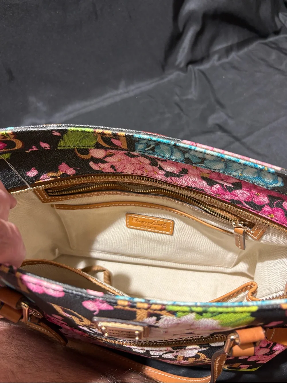 Dooney & Bourke Black Floral Tote with Pink, White, Green, Blue and Brown Trim